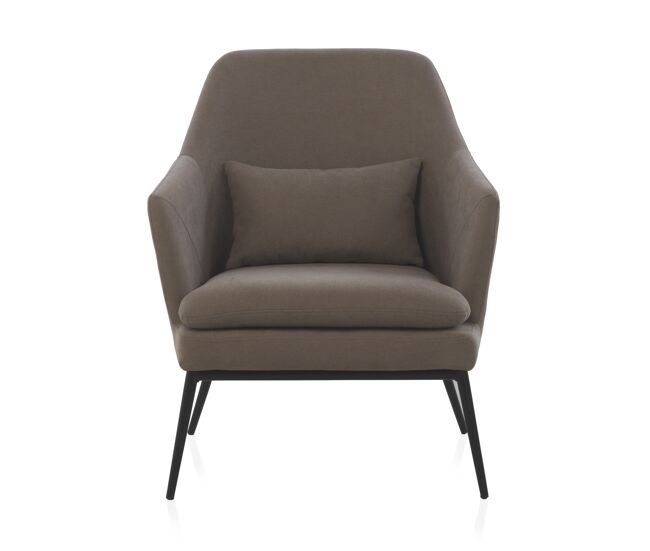 Sillón tapizado topo con cojín y patas de metal