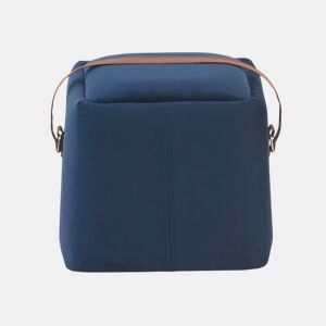 Pouff Estofado De Veludo Azul Com Pega De Imitação De Couro