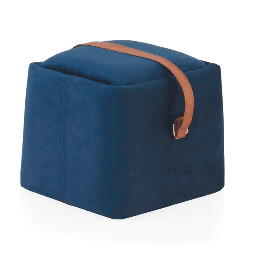 Pouff Estofado De Veludo Azul Com Pega De Imitação De Couro Pouff Estofado De Veludo Azul Com Pega De Imitação De Couro