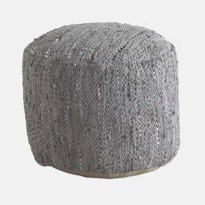Pufe Redondo Cinza Couro E Algodão Diâmetro 45 Cm