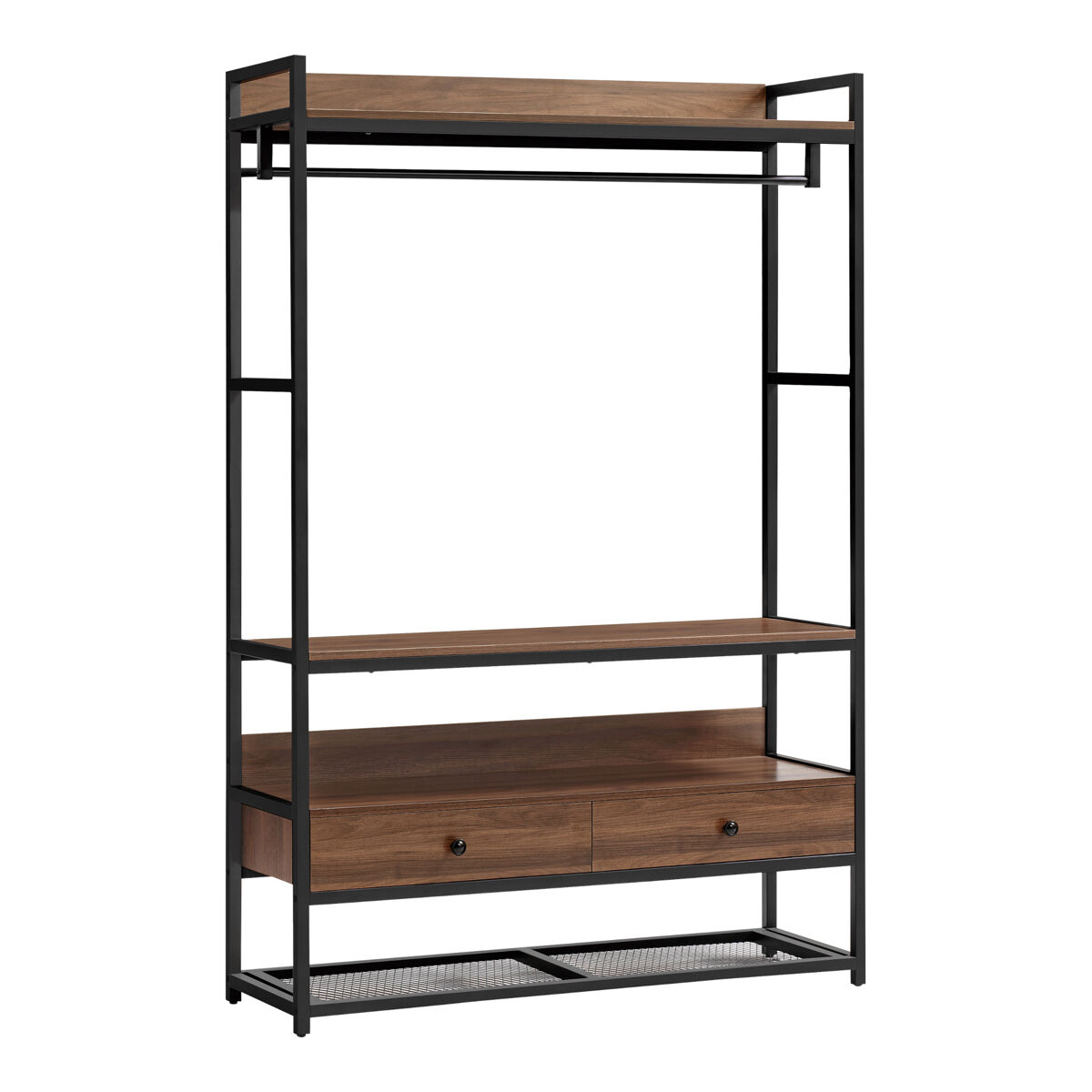 Mueble de entrada isen con barra 2 cajones 4 estantes metal y mdf 180 x 120 x 40 cm - negro y efecto nogal [en.casa]