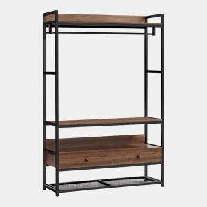 Armário para hall de entrada Isen com barra 2 gavetas 4 prateleiras metal e MDF 180 x 120 x 40 cm - Efeito preto e nogueira en.casa