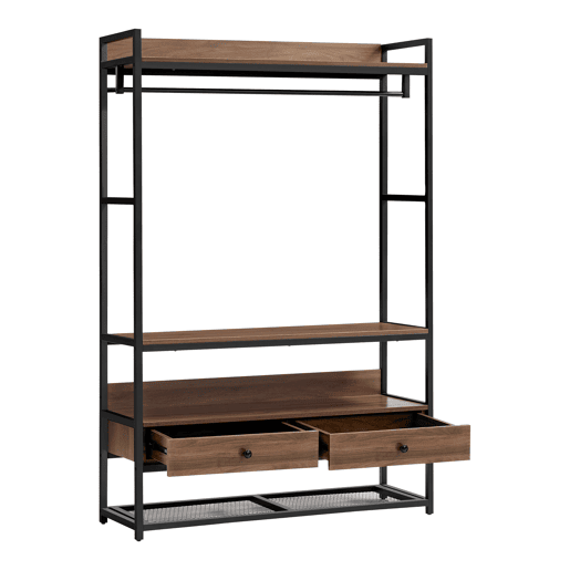 Armário para hall de entrada Isen com barra 2 gavetas 4 prateleiras metal e MDF 180 x 120 x 40 cm - Efeito preto e nogueira en.casa
