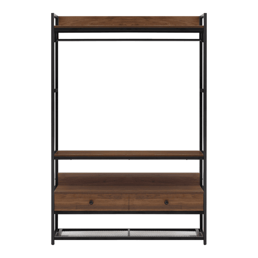 Armário para hall de entrada Isen com barra 2 gavetas 4 prateleiras metal e MDF 180 x 120 x 40 cm - Efeito preto e nogueira en.casa