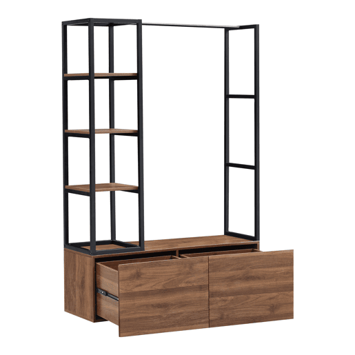 Armário para hall de entrada Egmating com carruagem de burro e 2 gavetas metal e MDF 180 x 120 x 40 cm - Efeito preto e nogueira en.casa