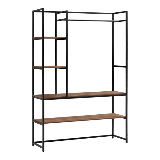 Armário para hall de entrada Horgau com poleiro de burro e várias prateleiras de metal e MDF 180 x 120 x 40 cm - efeito preto e nogueira en.casa