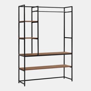 Armário para hall de entrada Horgau com poleiro de burro e várias prateleiras de metal e MDF 180 x 120 x 40 cm - efeito preto e nogueira en.casa