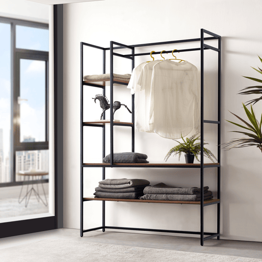 Armário para hall de entrada Horgau com poleiro de burro e várias prateleiras de metal e MDF 180 x 120 x 40 cm - efeito preto e nogueira en.casa