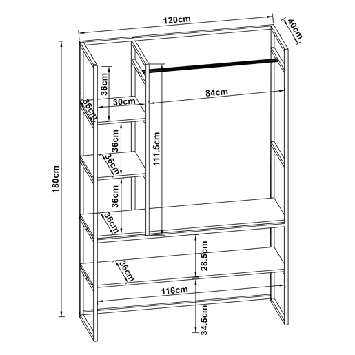 Armário para hall de entrada Horgau com poleiro de burro e várias prateleiras de metal e MDF 180 x 120 x 40 cm - efeito preto e nogueira en.casa