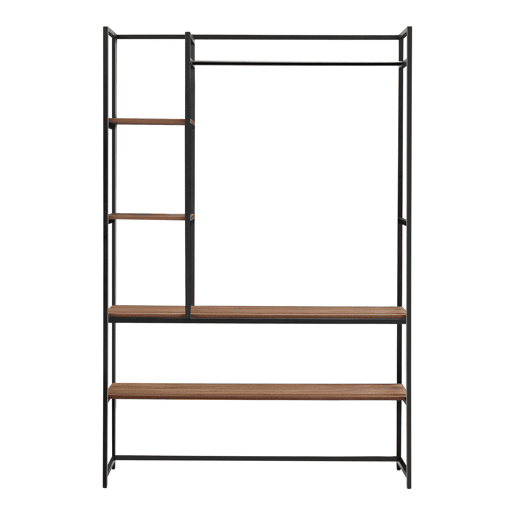 Armário para hall de entrada Horgau com poleiro de burro e várias prateleiras de metal e MDF 180 x 120 x 40 cm - efeito preto e nogueira en.casa