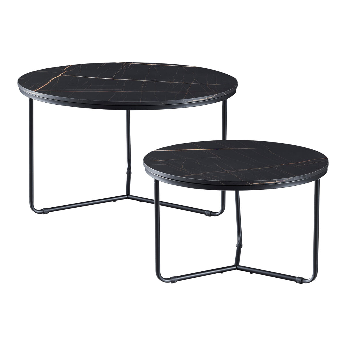 Set de 2 mesas de centro poxdorf de distintos tamaños metal y aglomerado 45 x ø 80 cm - efecto mármol negro [en.casa]