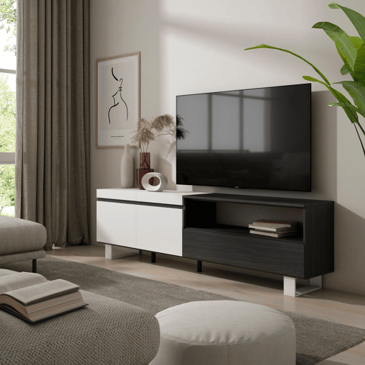 Móvel de TV, Muito espaço de arrumação, 200x35x57cm, Para televisores até 80, Design industrial, Estilo moderno, Branco e preto Móvel de TV, Muito espaço de arrumação, 200x35x57cm, Para televisores até 80, Design industrial, Estilo moderno, Branco e preto