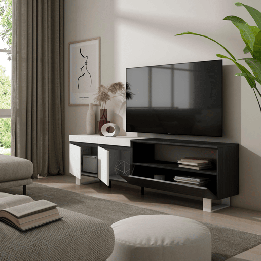 Móvel de TV, Muito espaço de arrumação, 200x35x57cm, Para televisores até 80, Design industrial, Estilo moderno, Branco e preto Móvel de TV, Muito espaço de arrumação, 200x35x57cm, Para televisores até 80, Design industrial, Estilo moderno, Branco e preto