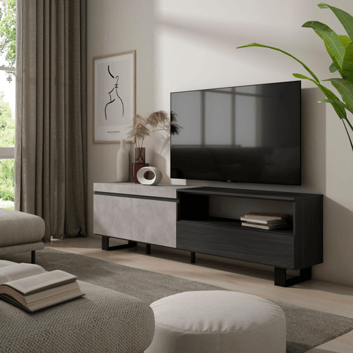 Móvel de TV, Muito espaço de arrumação, 200x35x57cm, Para televisores até 80, Design industrial, Estilo moderno, Cimento Móvel de TV, Muito espaço de arrumação, 200x35x57cm, Para televisores até 80, Design industrial, Estilo moderno, Cimento