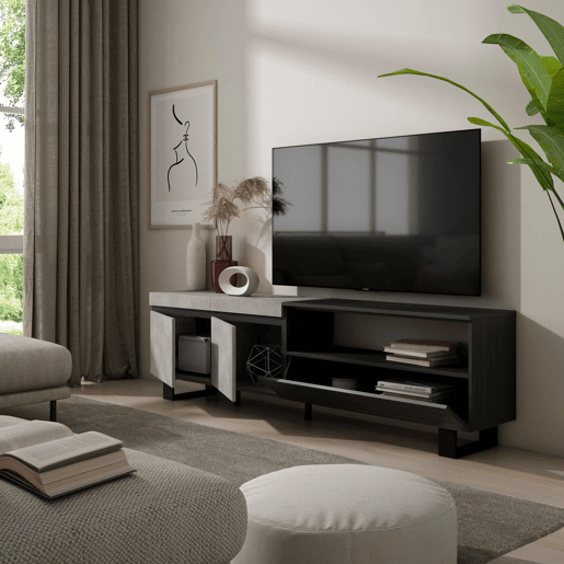 Móvel de TV, Muito espaço de arrumação, 200x35x57cm, Para televisores até 80, Design industrial, Estilo moderno, Cimento Móvel de TV, Muito espaço de arrumação, 200x35x57cm, Para televisores até 80, Design industrial, Estilo moderno, Cimento