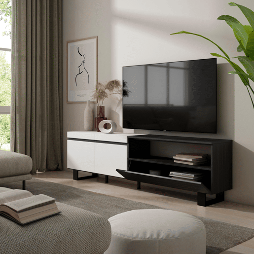 Móvel de TV, Muito espaço de arrumação, 200x35x57cm, Para televisores até 80, Design industrial, Estilo moderno, Branco e preto
