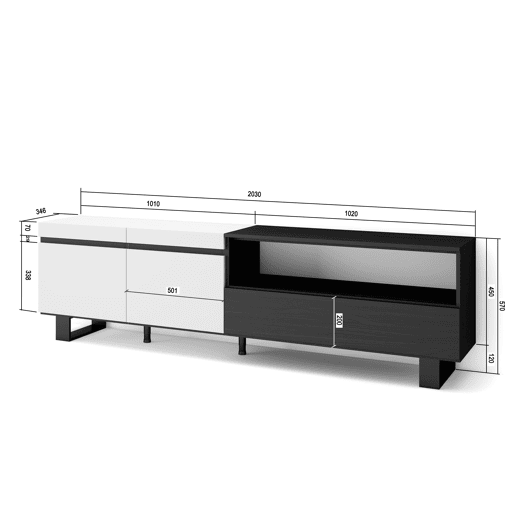 Móvel de TV, Muito espaço de arrumação, 200x35x57cm, Para televisores até 80, Design industrial, Estilo moderno, Branco e preto