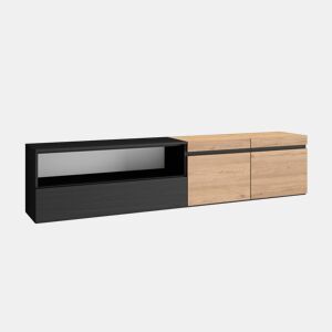 Móvel de TV, Muito espaço de arrumação, 200x35x45cm, Para televisores até 80, Suspensos, Estilo moderno, Carvalho e preto