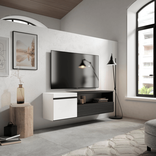 Móvel de TV, Muito espaço de arrumação, 150x35x45cm, Para televisores até 65, Suspensos, Estilo moderno, Branco e preto