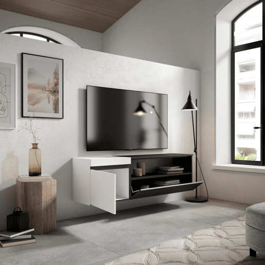 Móvel de TV, Muito espaço de arrumação, 150x35x45cm, Para televisores até 65, Suspensos, Estilo moderno, Branco e preto