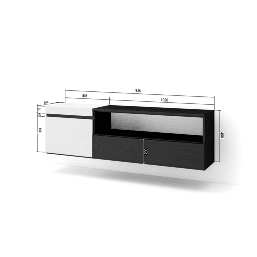 Móvel de TV, Muito espaço de arrumação, 150x35x45cm, Para televisores até 65, Suspensos, Estilo moderno, Branco e preto