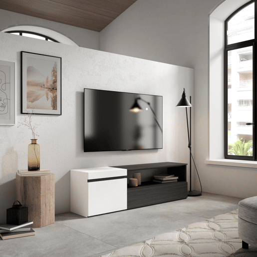 Móvel de TV, Muito espaço de arrumação, 150x35x45cm, Para televisores até 65, Estante para TV, Estilo moderno, Branco e preto Móvel de TV, Muito espaço de arrumação, 150x35x45cm, Para televisores até 65, Estante para TV, Estilo moderno, Branco e preto