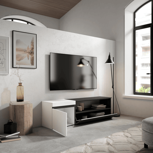 Móvel de TV, Muito espaço de arrumação, 150x35x45cm, Para televisores até 65, Estante para TV, Estilo moderno, Branco e preto Móvel de TV, Muito espaço de arrumação, 150x35x45cm, Para televisores até 65, Estante para TV, Estilo moderno, Branco e preto