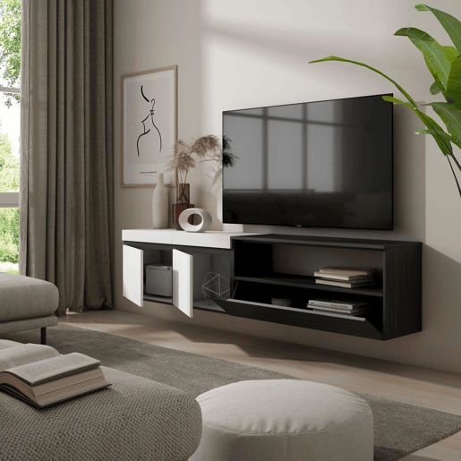 Móvel de TV, Muito espaço de arrumação, 200x35x45cm, Para televisores até 80, Suspensos, Estilo moderno, Branco e preto