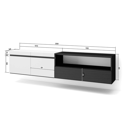 Móvel de TV, Muito espaço de arrumação, 200x35x45cm, Para televisores até 80, Suspensos, Estilo moderno, Branco e preto