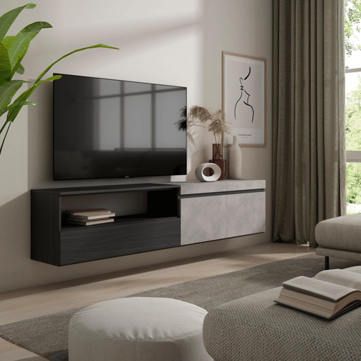 Móvel de TV, Muito espaço de arrumação, 200x35x45cm, Para televisores até 80, Suspensos, Estilo moderno, Cimento