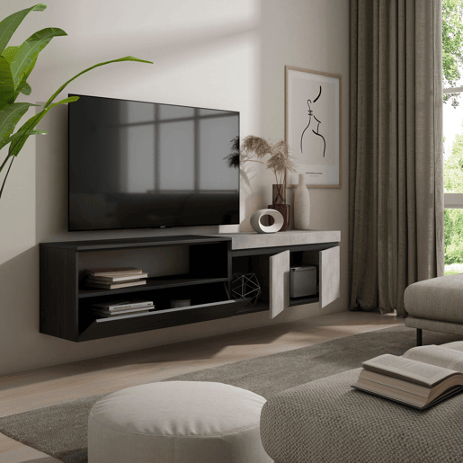 Móvel de TV, Muito espaço de arrumação, 200x35x45cm, Para televisores até 80, Suspensos, Estilo moderno, Cimento