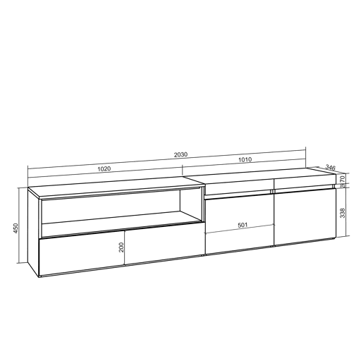 Móvel de TV, Muito espaço de arrumação, 200x35x45cm, Para televisores até 80, Suspensos, Estilo moderno, Cimento