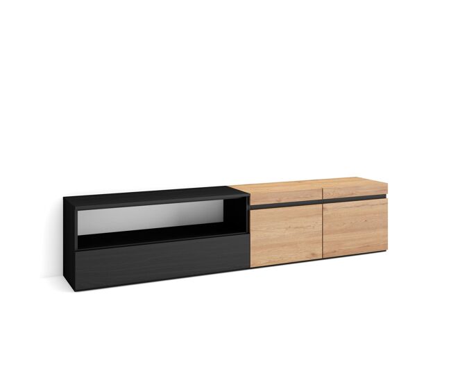 Mueble tv, televisión, muebles de salón, almacenaje, 200x35x45cm, para tv hasta 80", con almacenamiento, estilo moderno, roble y negro