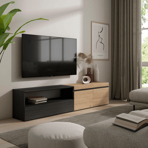 Móvel de TV, Muito espaço de arrumação, 200x35x45cm, Para televisores até 80, Estante para TV, Estilo moderno, Carvalho e preto