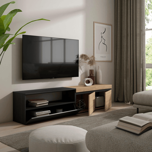 Móvel de TV, Muito espaço de arrumação, 200x35x45cm, Para televisores até 80, Estante para TV, Estilo moderno, Carvalho e preto