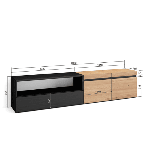 Móvel de TV, Muito espaço de arrumação, 200x35x45cm, Para televisores até 80, Estante para TV, Estilo moderno, Carvalho e preto