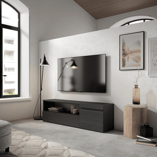 Móvel de TV, Muito espaço de arrumação, 150x35x45cm, Para televisores até 65, Estante para TV, Estilo moderno, Preto