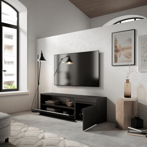 Móvel de TV, Muito espaço de arrumação, 150x35x45cm, Para televisores até 65, Estante para TV, Estilo moderno, Preto