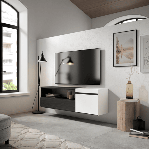 Móvel de TV, Muito espaço de arrumação, 150x35x45cm, Para televisores até 65, Suspensos, Estilo moderno, Branco e preto