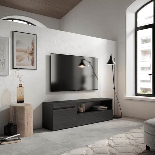 Móvel de TV, Muito espaço de arrumação, 150x35x45cm, Para televisores até 65, Estante para TV, Estilo moderno, Preto