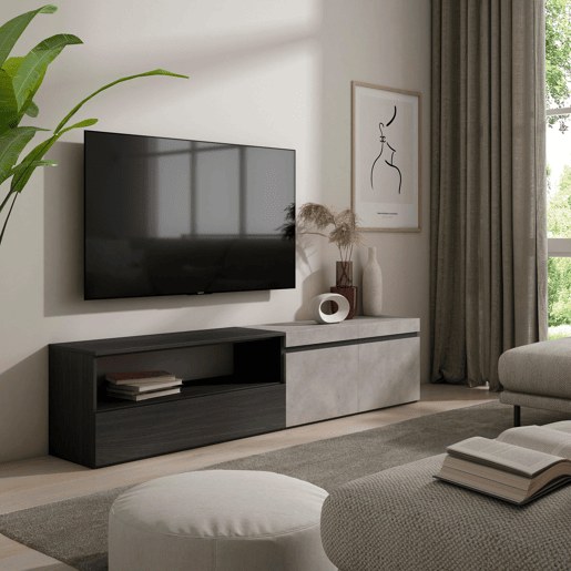 Móvel de TV, Muito espaço de arrumação, 200x35x45cm, Para televisores até 80, Estante para TV, Estilo moderno, Cimento