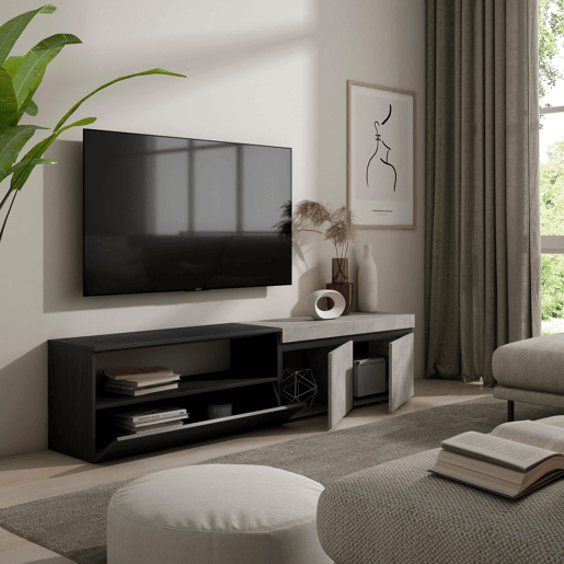 Móvel de TV, Muito espaço de arrumação, 200x35x45cm, Para televisores até 80, Estante para TV, Estilo moderno, Cimento
