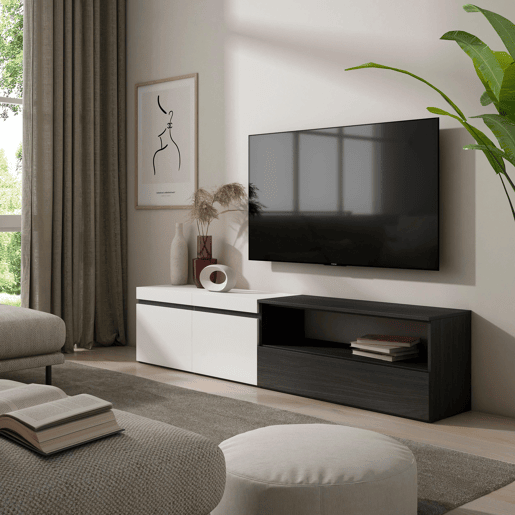 Móvel de TV, Muito espaço de arrumação, 200x35x45cm, Para televisores até 80, Estante para TV, Estilo moderno, Branco e preto Móvel de TV, Muito espaço de arrumação, 200x35x45cm, Para televisores até 80, Estante para TV, Estilo moderno, Branco e preto