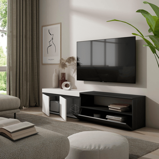 Móvel de TV, Muito espaço de arrumação, 200x35x45cm, Para televisores até 80, Estante para TV, Estilo moderno, Branco e preto Móvel de TV, Muito espaço de arrumação, 200x35x45cm, Para televisores até 80, Estante para TV, Estilo moderno, Branco e preto