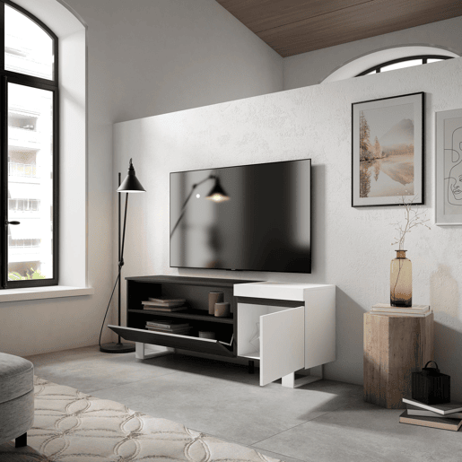Móvel de TV, Muito espaço de arrumação, 150x35x57cm, Para televisores até 65, Design industrial, Estilo moderno, Branco e preto