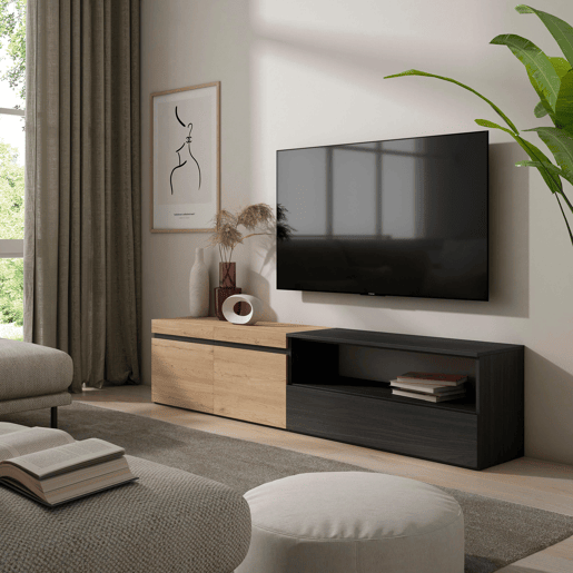 Móvel de TV, Muito espaço de arrumação, 200x35x45cm, Para televisores até 80, Estante para TV, Estilo moderno, Carvalho e preto