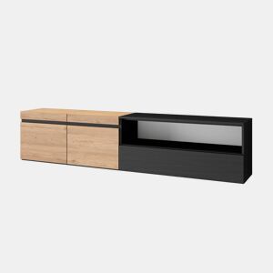 Móvel de TV, Muito espaço de arrumação, 200x35x45cm, Para televisores até 80, Suspensos, Estilo moderno, Carvalho e preto