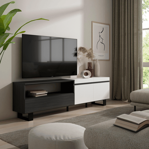 Móvel de TV, Muito espaço de arrumação, 200x35x57cm, Para televisores até 80, Design industrial, Estilo moderno, Branco e preto Móvel de TV, Muito espaço de arrumação, 200x35x57cm, Para televisores até 80, Design industrial, Estilo moderno, Branco e preto
