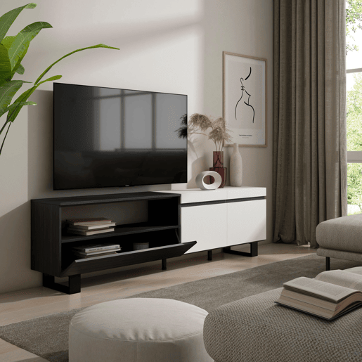 Móvel de TV, Muito espaço de arrumação, 200x35x57cm, Para televisores até 80, Design industrial, Estilo moderno, Branco e preto Móvel de TV, Muito espaço de arrumação, 200x35x57cm, Para televisores até 80, Design industrial, Estilo moderno, Branco e preto