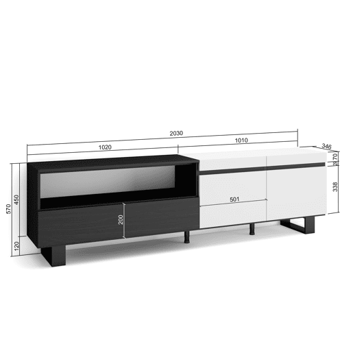 Móvel de TV, Muito espaço de arrumação, 200x35x57cm, Para televisores até 80, Design industrial, Estilo moderno, Branco e preto Móvel de TV, Muito espaço de arrumação, 200x35x57cm, Para televisores até 80, Design industrial, Estilo moderno, Branco e preto